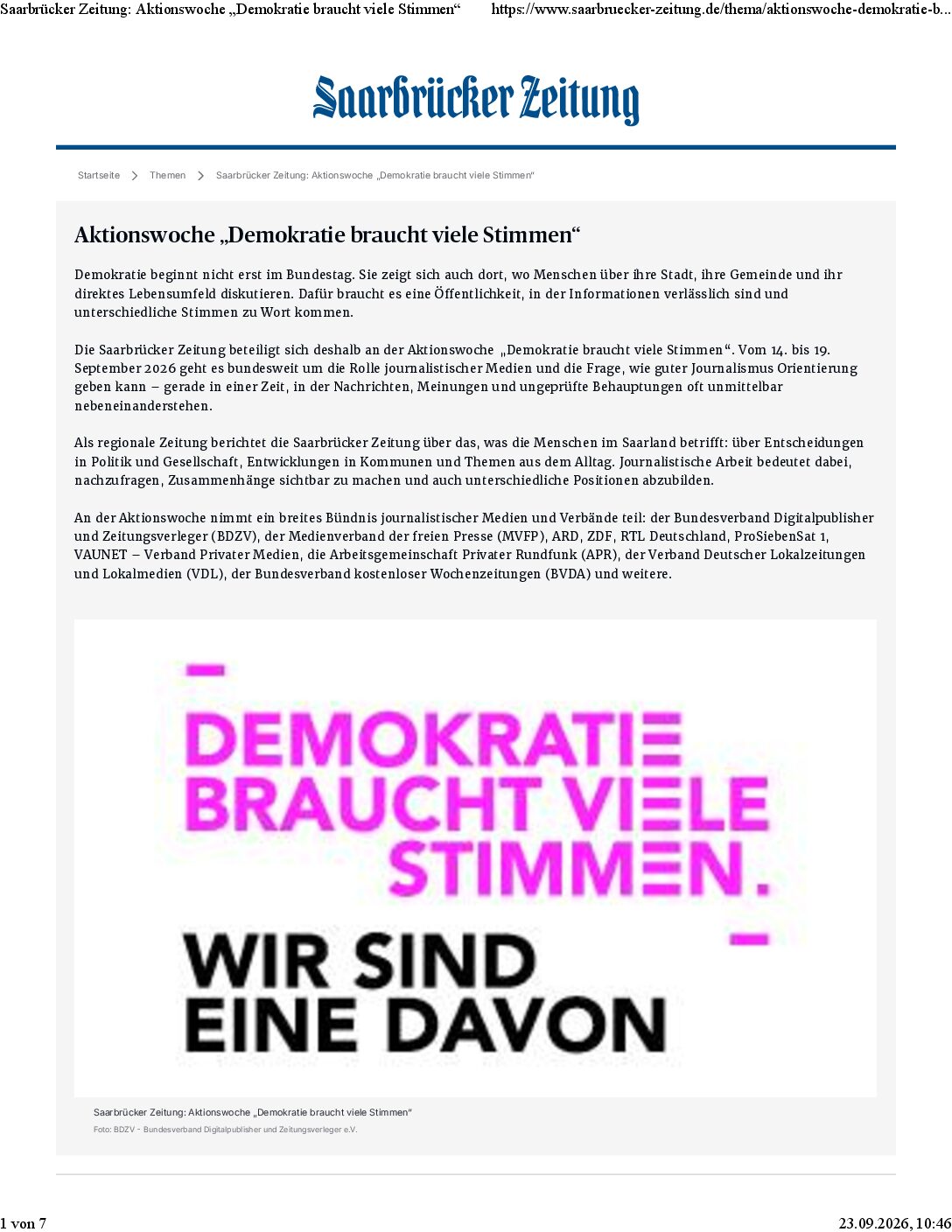 Saarbrücker Zeitung_ Aktionswoche „Demokratie braucht viele Stimmen“